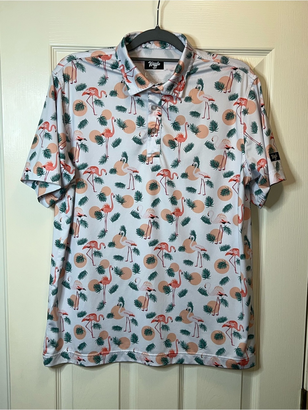 WAGGLE Flamingo Tropical Print Stretch Polo Shirt